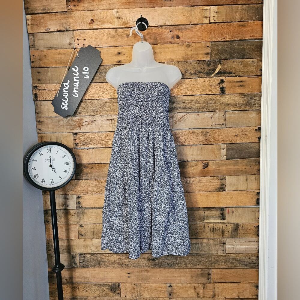 Nation LTD Navy and White Ditsy Strapless Midi Dress